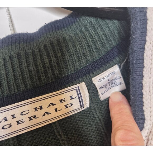 VTG Mens Sweater V-Neck Preppy Tennis Cricket Green Navy White Cable Knit - Picture 2 of 6